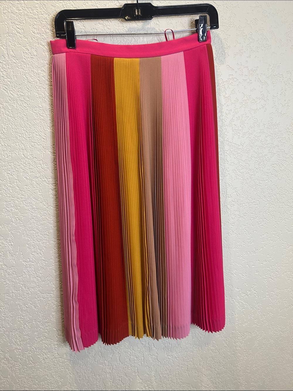 Pleated Multi-Stripe Midi Skirt in Pink and Yellow